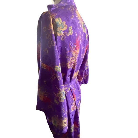 Shanghai Soho Purple Asian  Floral Patterned Silky Satin Robe Short Vibrant S/M - Picture 9 of 10